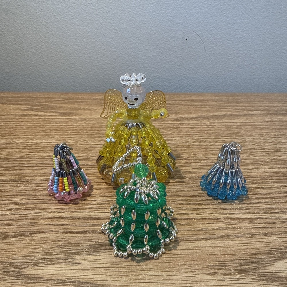 Vintage Handmade Christmas Bead And‎ Safety Pin Angel ornament & Bells